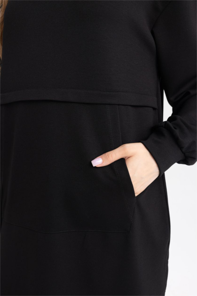 Kadın Siyah Regular Fit Bisiklet Yaka Kanguru Cepli Basic Düz Sweatshirt Tunik