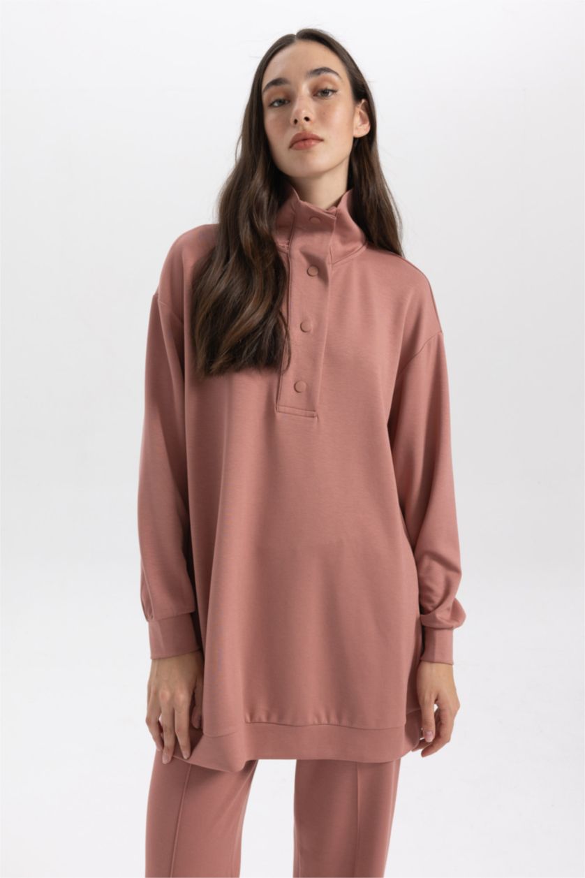 حريمي وردي غامق تونيك كم طويل قصة عادية بياقة بولو