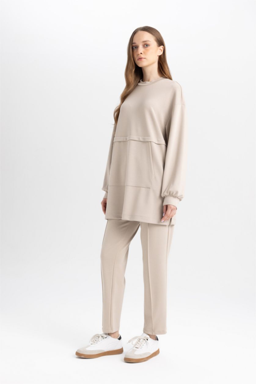 FEMME Beige Pantalon Casual Basique à Coupe Confortable Côtelé et à Double Poche