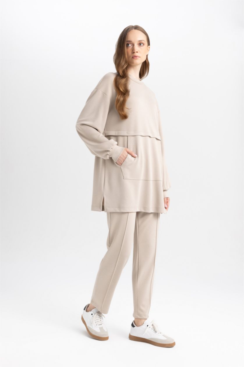 FEMME Beige Pantalon Casual Basique à Coupe Confortable Côtelé et à Double Poche