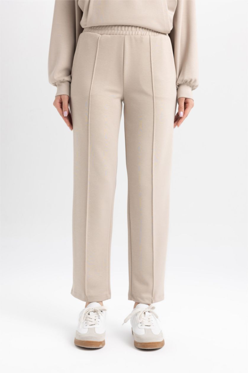 FEMME Beige Pantalon Casual Basique à Coupe Confortable Côtelé et à Double Poche