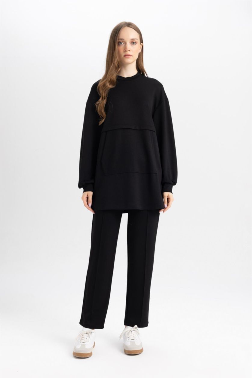 Kadın Siyah Regular Fit Rahat Kalıp Basic Düz Fitilli Çift Cepli Casual Siyah Pantolon