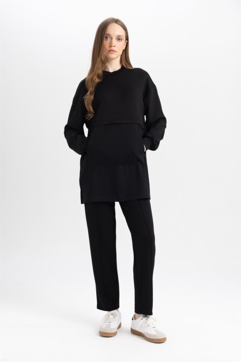 Kadın Siyah Regular Fit Rahat Kalıp Basic Düz Fitilli Çift Cepli Casual Siyah Pantolon