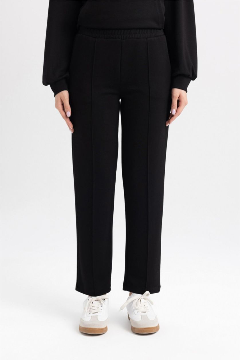 Kadın Siyah Regular Fit Rahat Kalıp Basic Düz Fitilli Çift Cepli Casual Siyah Pantolon