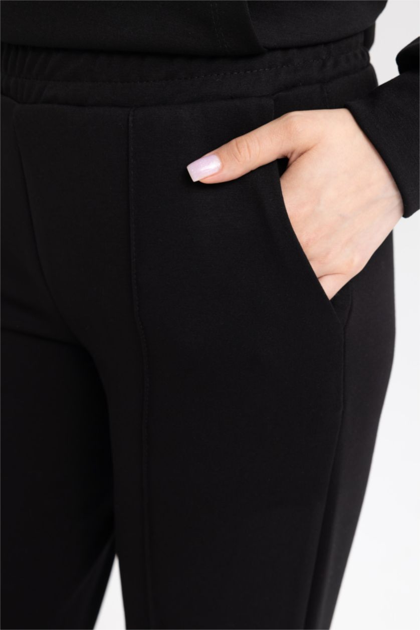 Kadın Siyah Regular Fit Rahat Kalıp Basic Düz Fitilli Çift Cepli Casual Siyah Pantolon