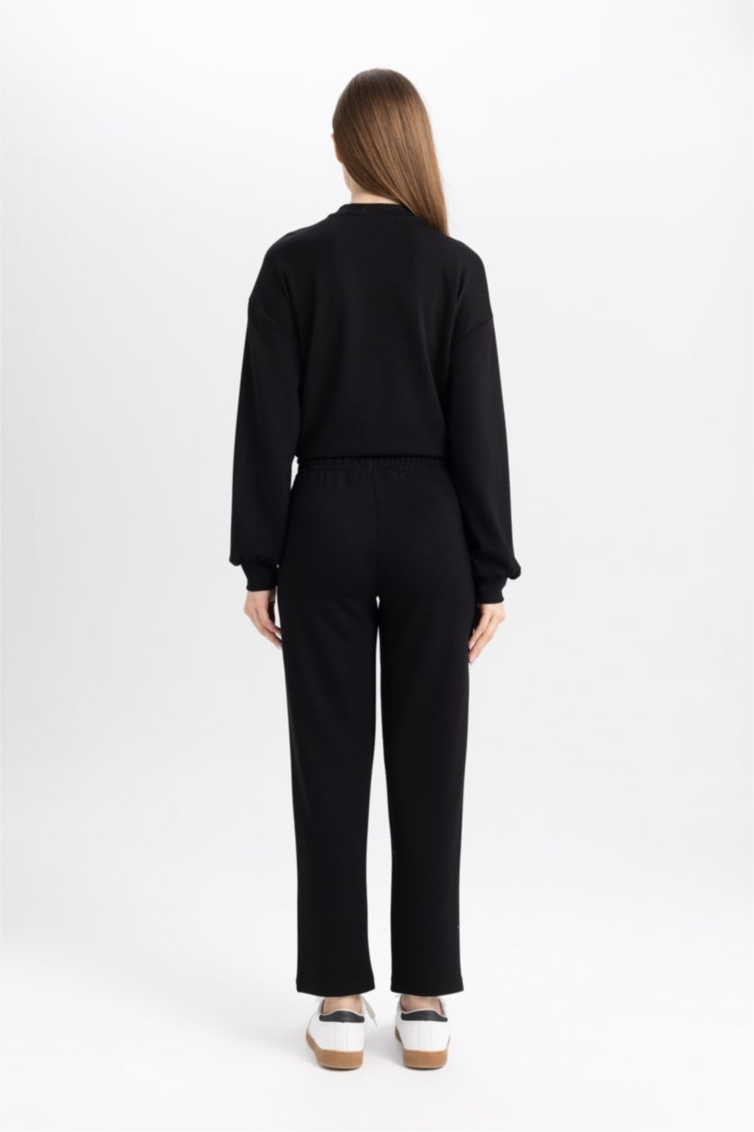 Kadın Siyah Regular Fit Rahat Kalıp Basic Düz Fitilli Çift Cepli Casual Siyah Pantolon