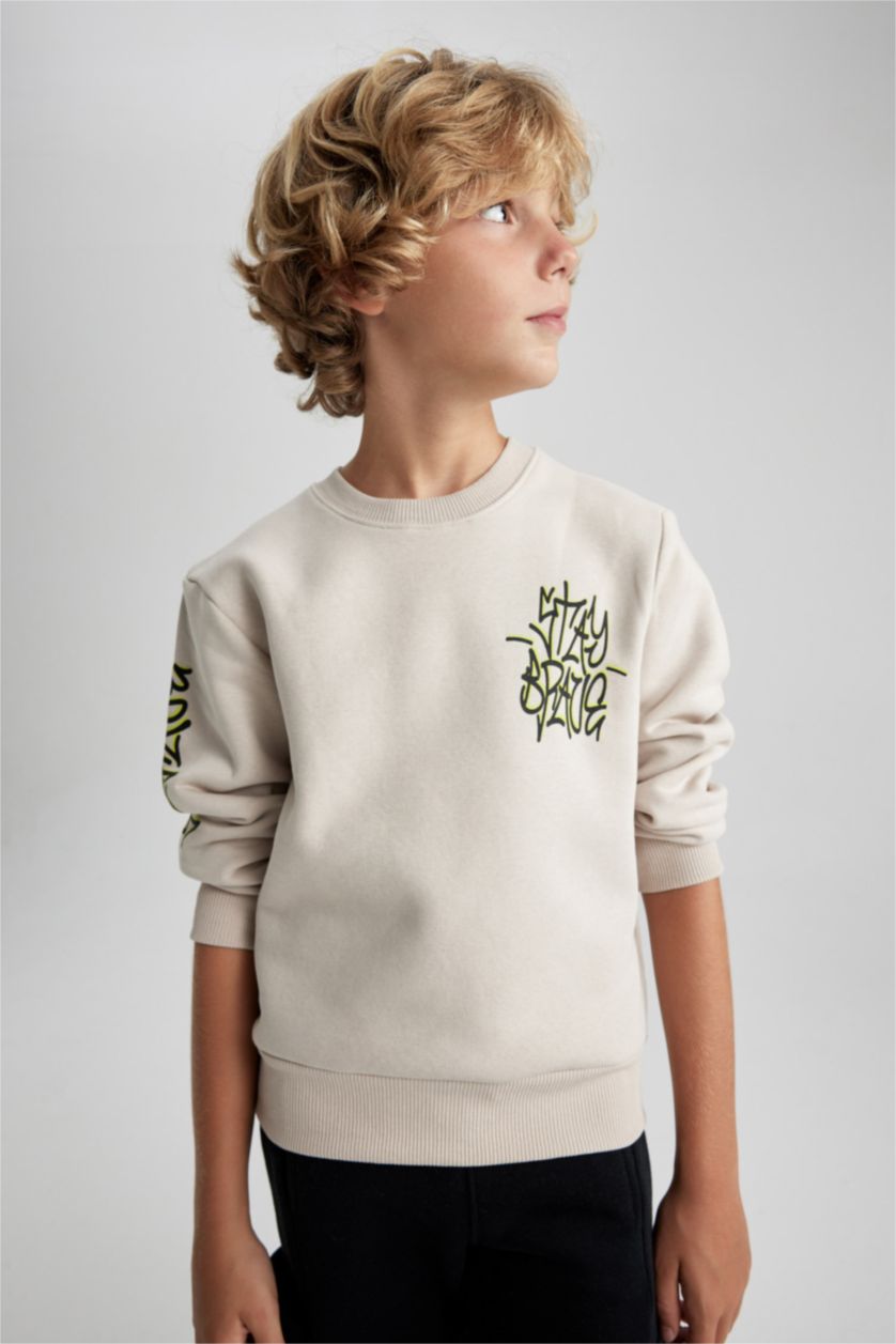 Boys & Teens Beige Boy Crew Neck Printed Sweatshirt