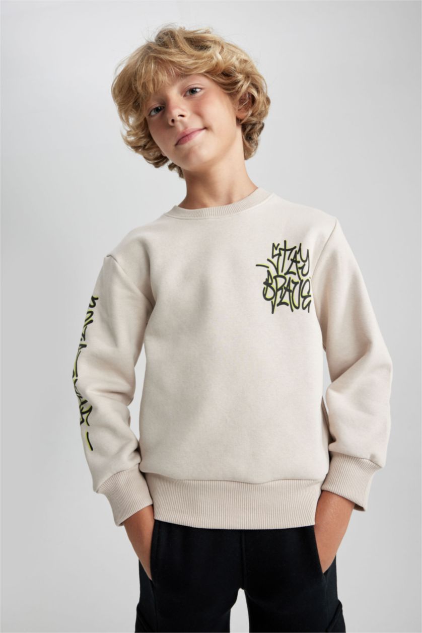 Boys & Teens Beige Boy Crew Neck Printed Sweatshirt