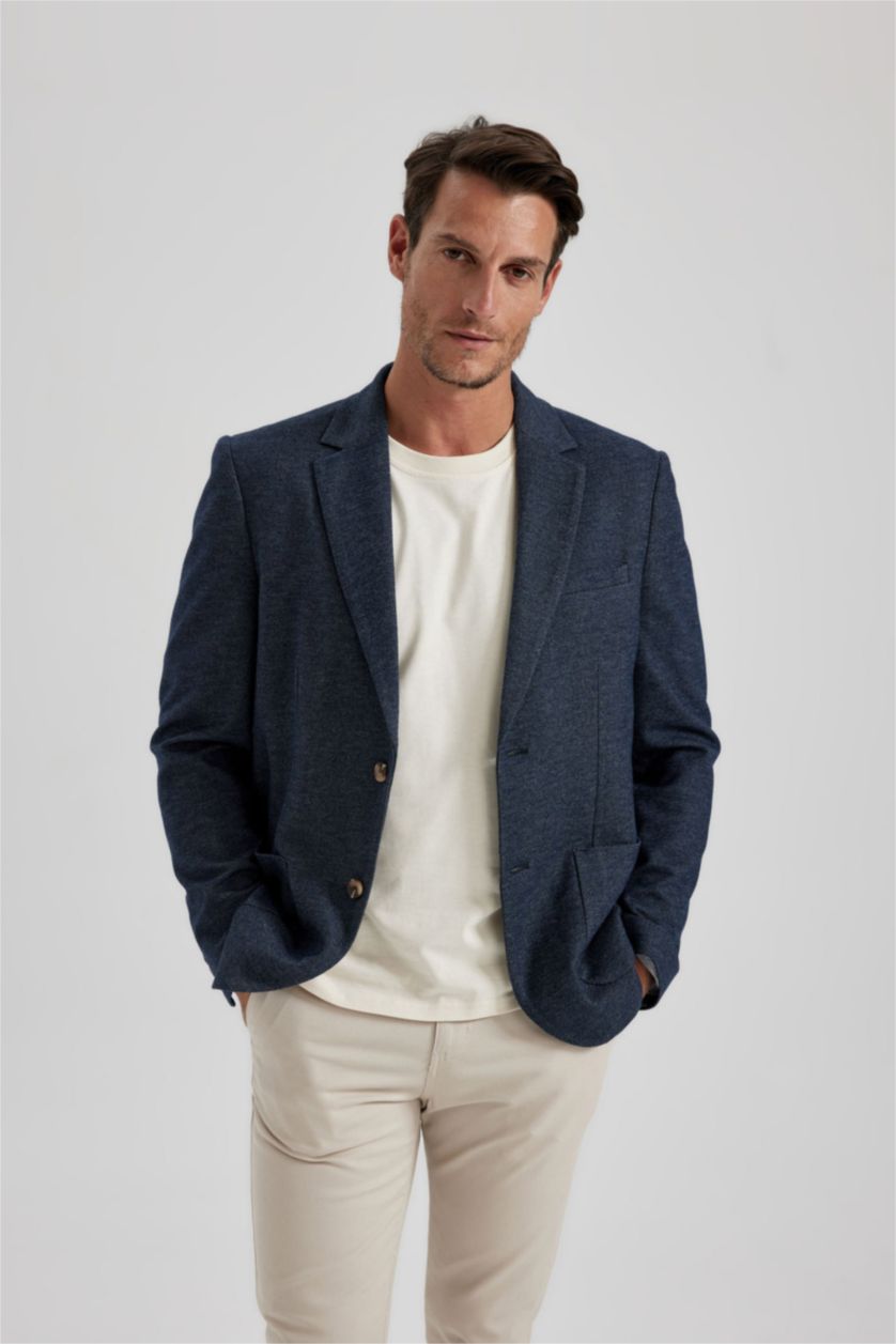 رجالي ميلانج كحلي بليزر قصة عادية بياقة جاكيت مبطن