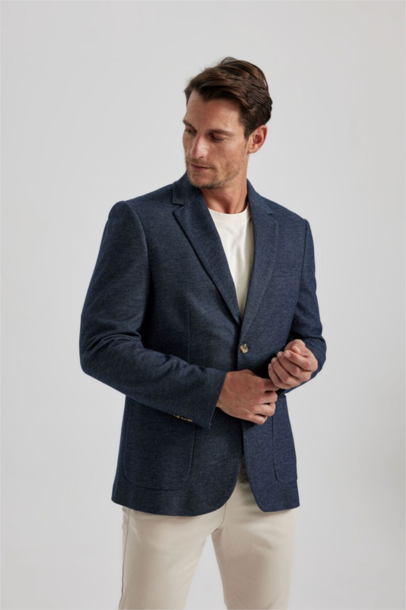 رجالي ميلانج كحلي بليزر قصة عادية بياقة جاكيت مبطن