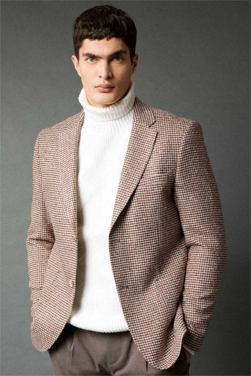 رجالي بني بليزر مودرن فيت بياقة جاكيت مبطن بني