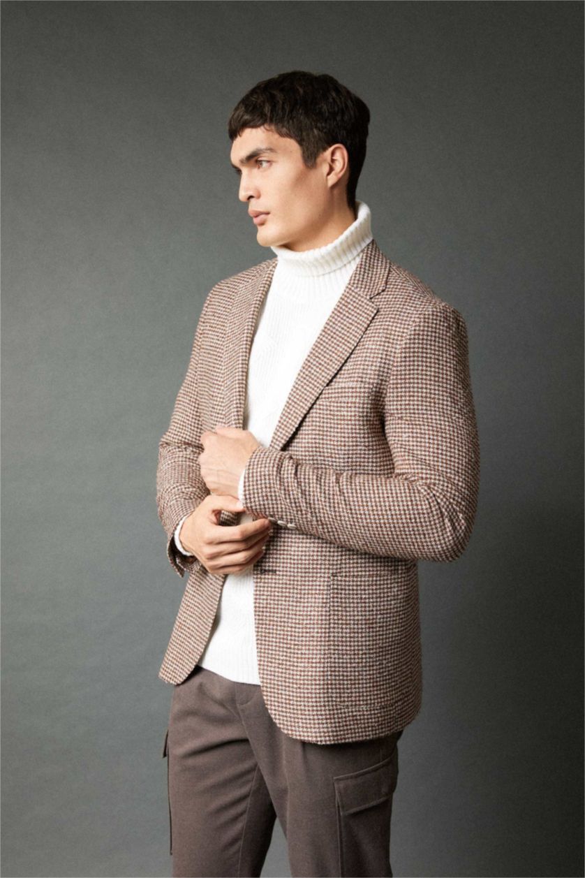 رجالي بني بليزر مودرن فيت بياقة جاكيت مبطن بني