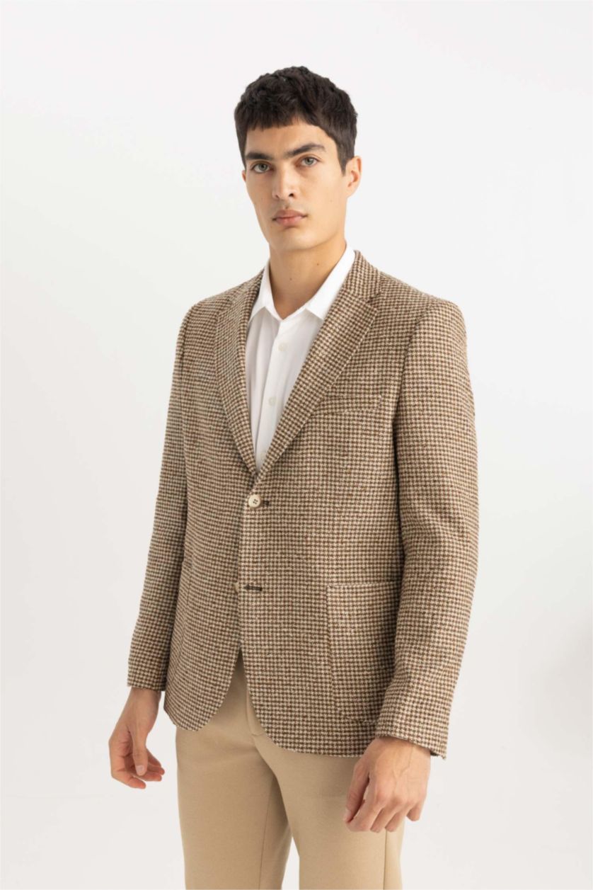 رجالي بني بليزر مودرن فيت بياقة جاكيت مبطن بني