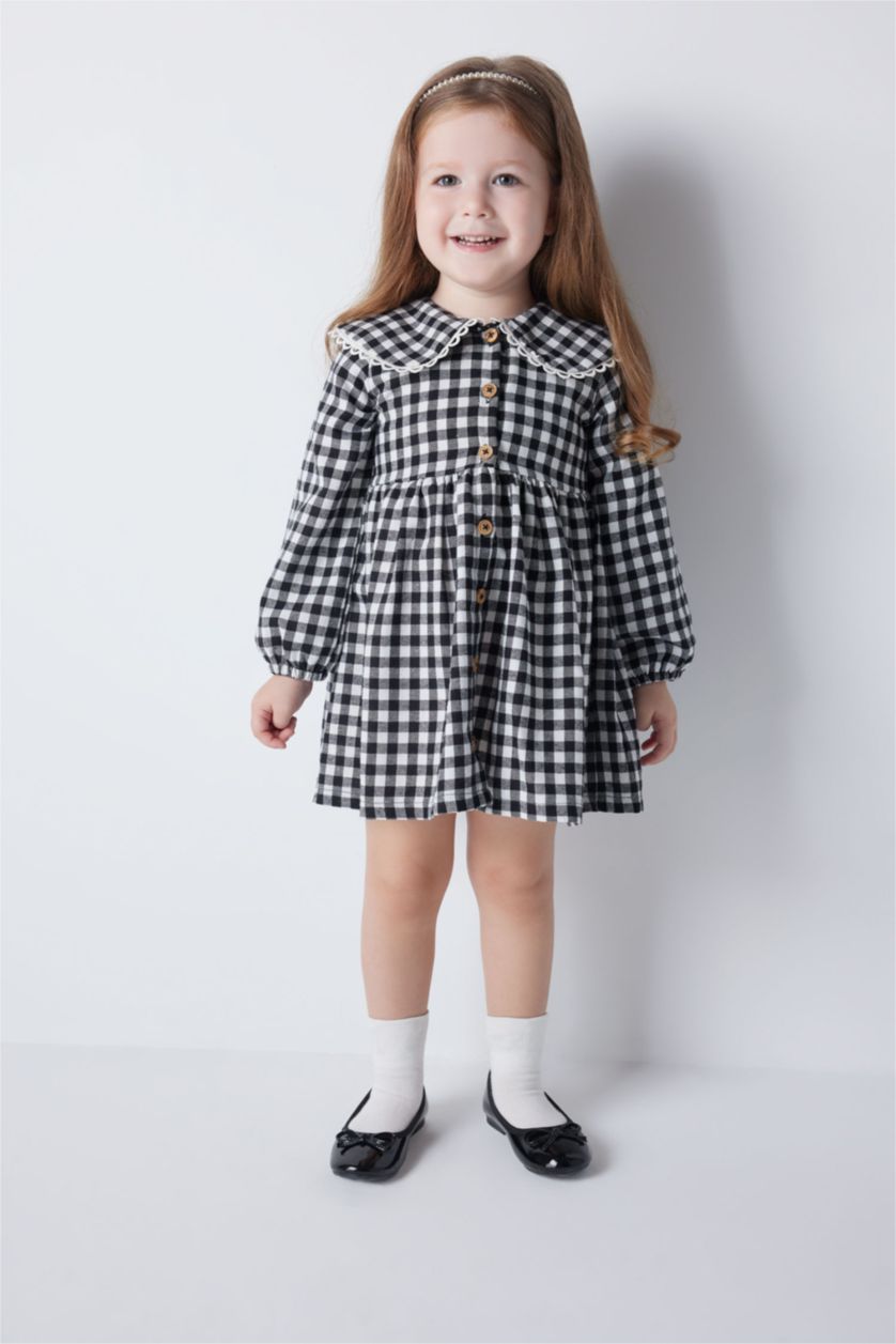 BABY GIRL Black Regular Fit Plaid Long Sleeve Woven Dress