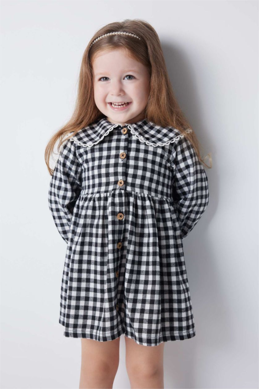 BABY GIRL Black Regular Fit Plaid Long Sleeve Woven Dress