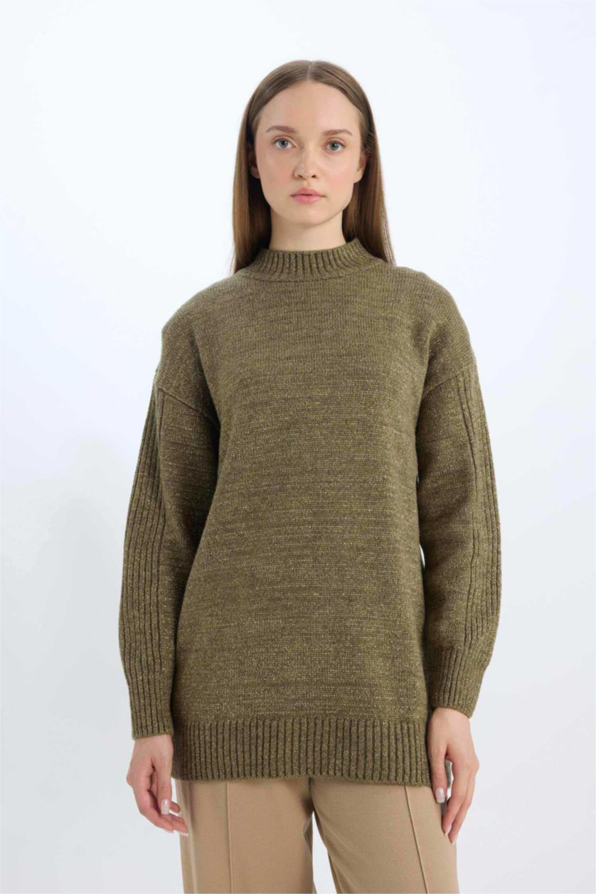 Kadın Açık Haki Regular Fit Yarım Balıkçı Yaka Basic Düz Triko Kazak Tunik