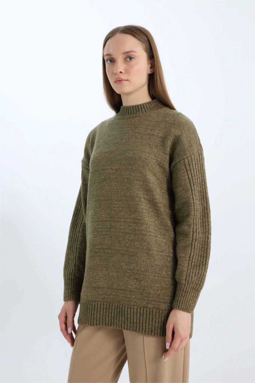 Kadın Açık Haki Regular Fit Yarım Balıkçı Yaka Basic Düz Triko Kazak Tunik