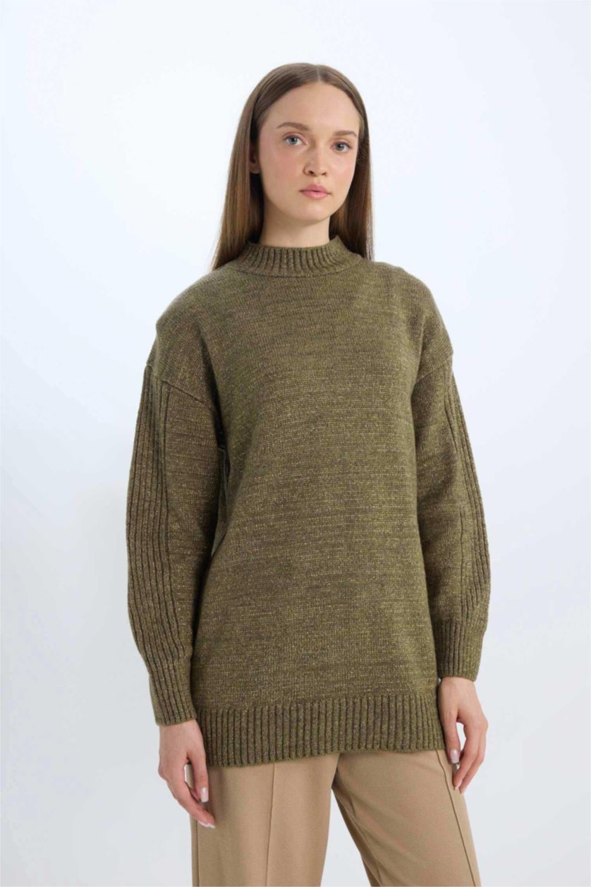 Kadın Açık Haki Regular Fit Yarım Balıkçı Yaka Basic Düz Triko Kazak Tunik