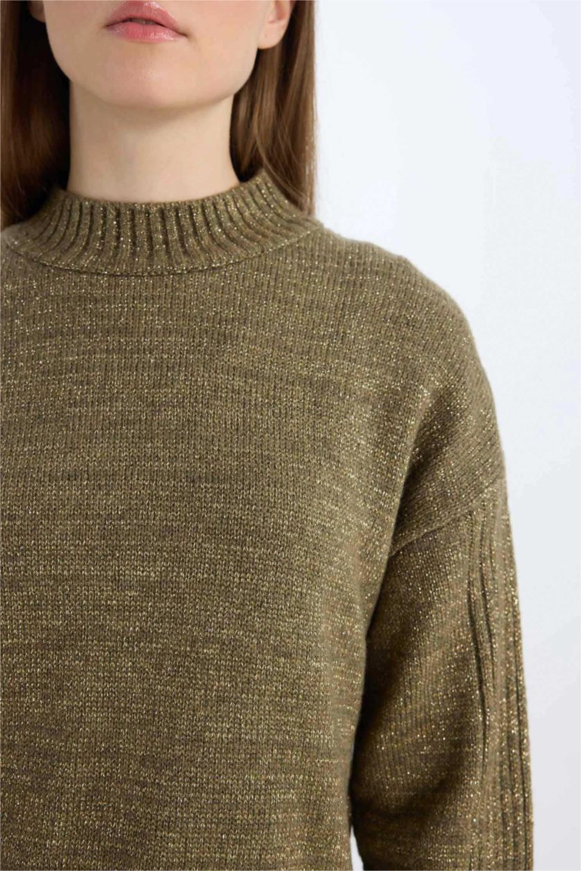 Kadın Açık Haki Regular Fit Yarım Balıkçı Yaka Basic Düz Triko Kazak Tunik