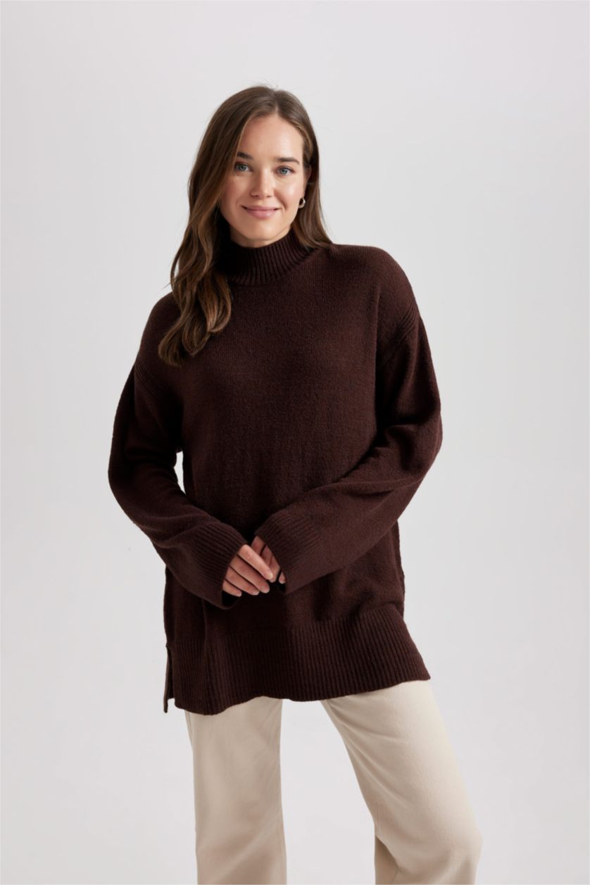 WOMAN Brown Regular Fit Stand Collar Basic Knitted Pullover Tunic