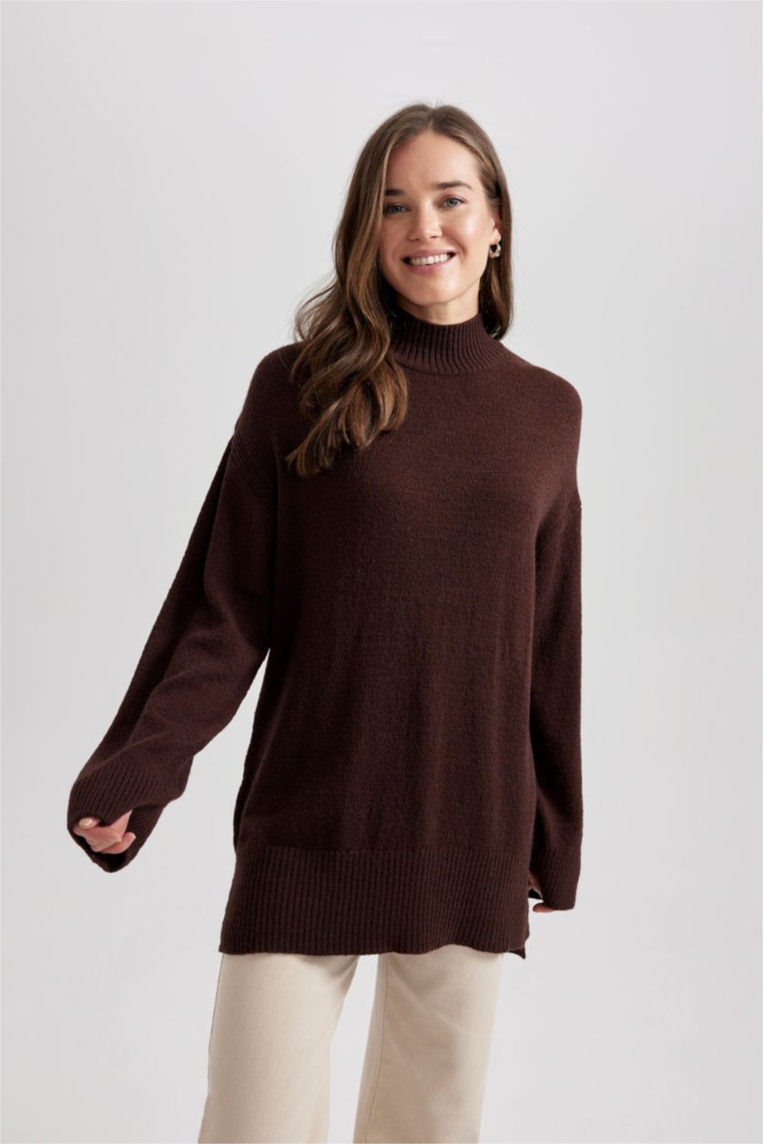 WOMAN Brown Regular Fit Stand Collar Basic Knitted Pullover Tunic
