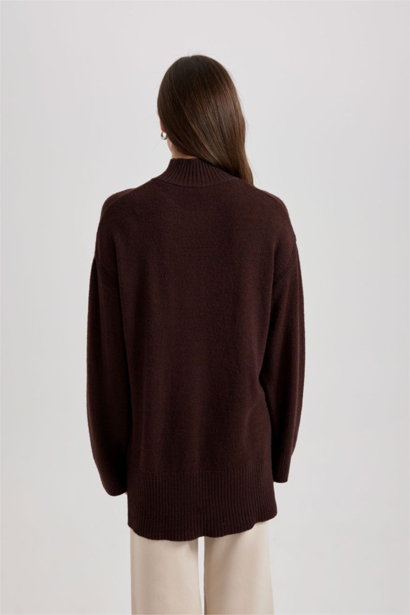 WOMAN Brown Regular Fit Stand Collar Basic Knitted Pullover Tunic