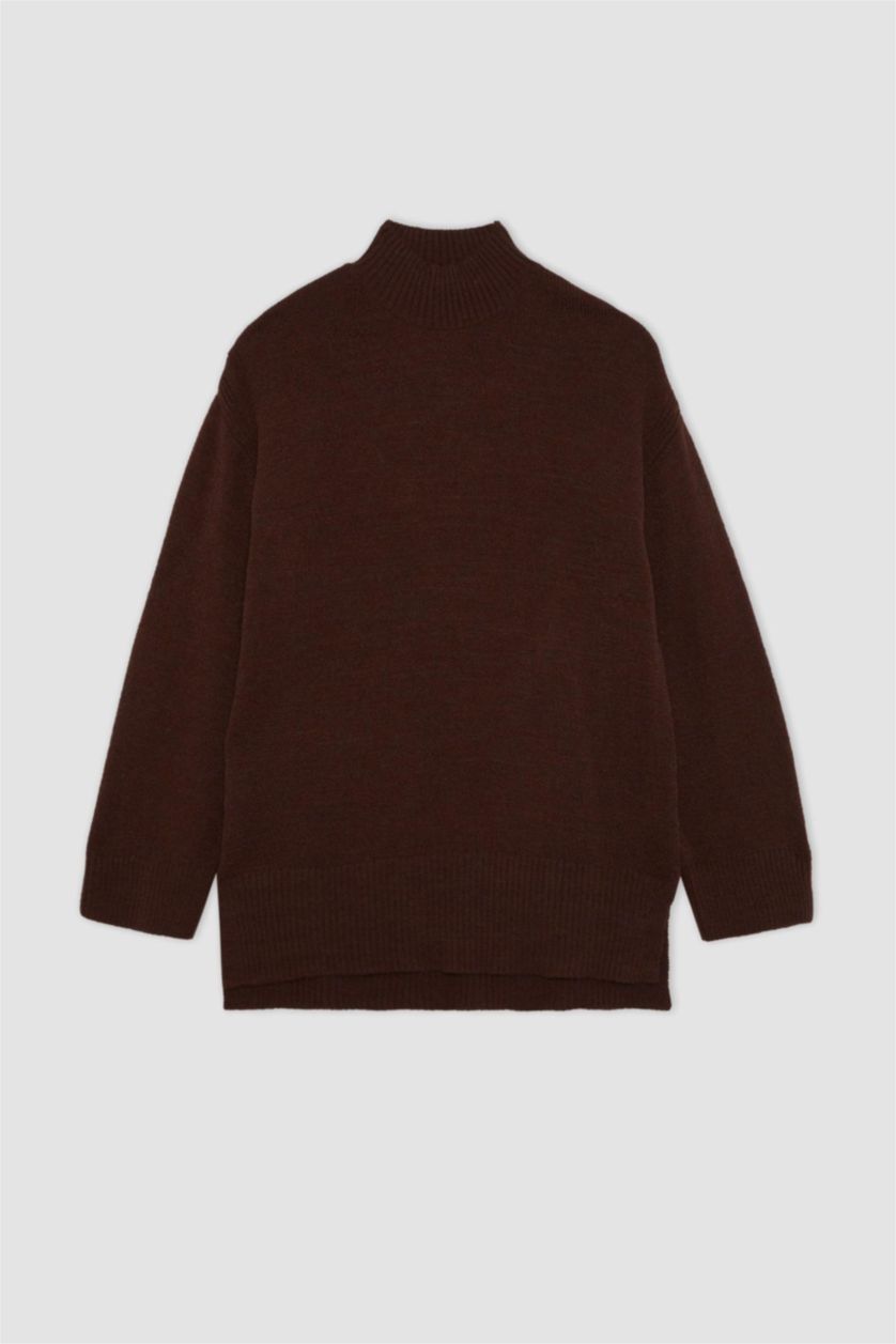 WOMAN Brown Regular Fit Stand Collar Basic Knitted Pullover Tunic