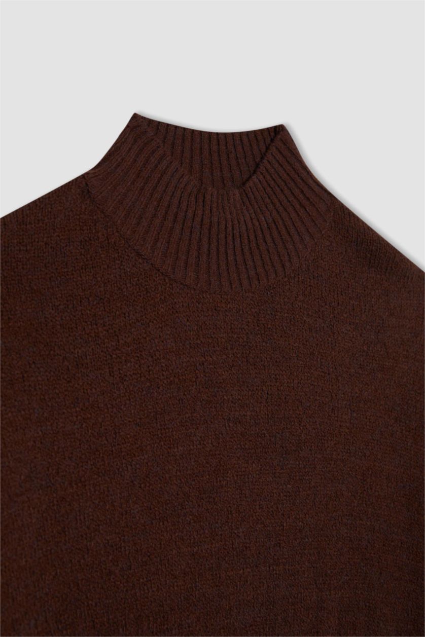 WOMAN Brown Regular Fit Stand Collar Basic Knitted Pullover Tunic