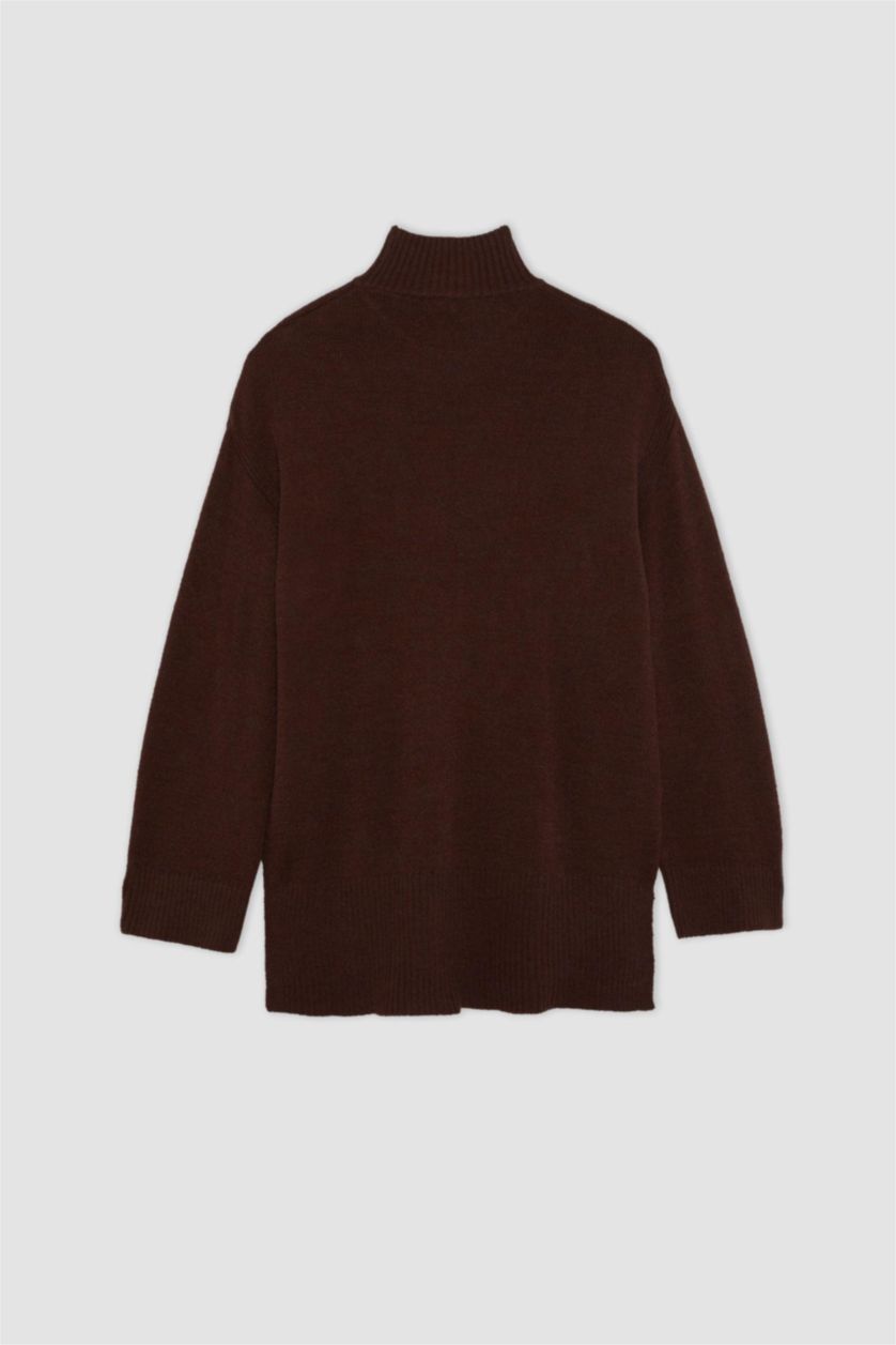WOMAN Brown Regular Fit Stand Collar Basic Knitted Pullover Tunic