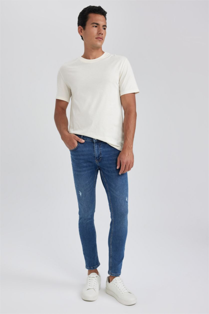 HOMME Bleu Pantalon Jean Coupe skinny confortable Faible destruction Ourlet étroit