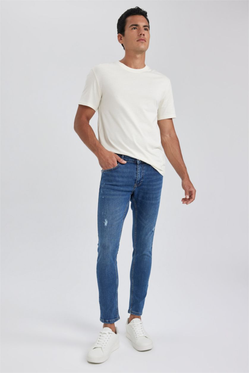 HOMME Bleu Pantalon Jean Coupe skinny confortable Faible destruction Ourlet étroit