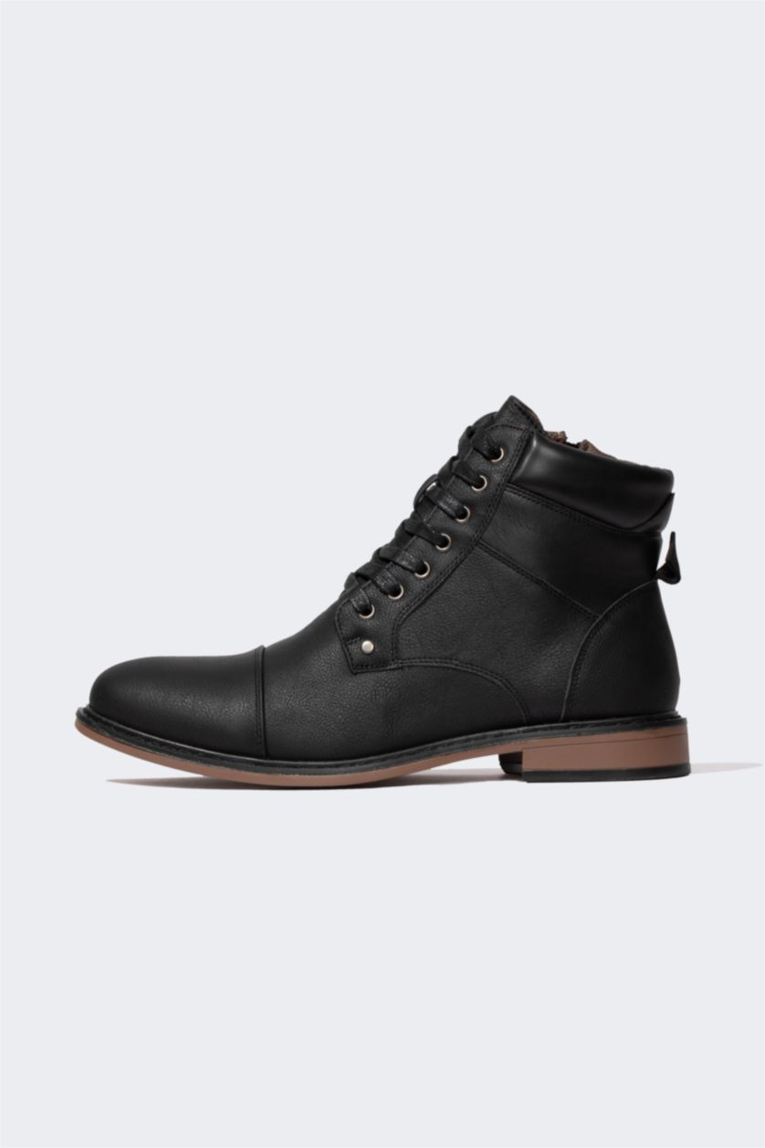 HOMME Noir Bottes Cuir Synthétique à Lacets et Semelle Plate pour Homme