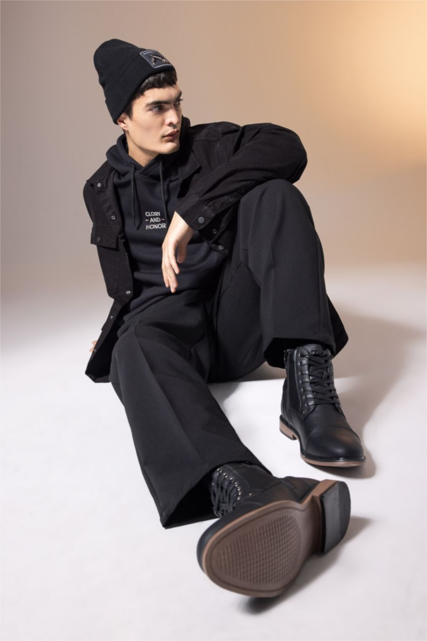 HOMME Noir Bottes Cuir Synthétique à Lacets et Semelle Plate pour Homme