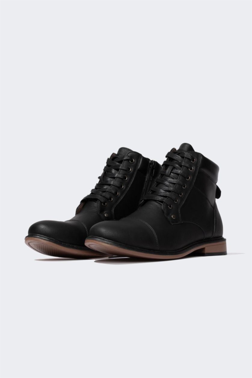 HOMME Noir Bottes Cuir Synthétique à Lacets et Semelle Plate pour Homme