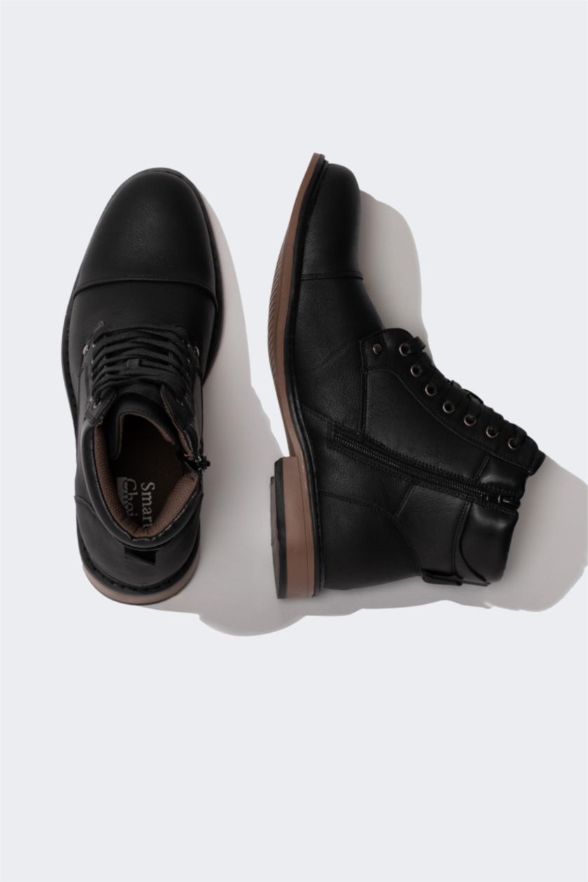 HOMME Noir Bottes Cuir Synthétique à Lacets et Semelle Plate pour Homme