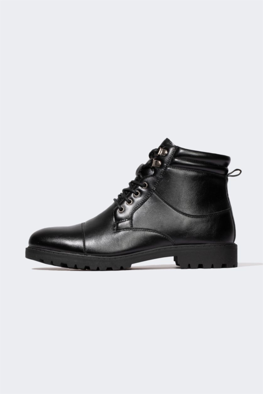 HOMME Noir Bottes Cuir Synthétique à Lacets et Semelle Compensée Pour Homme