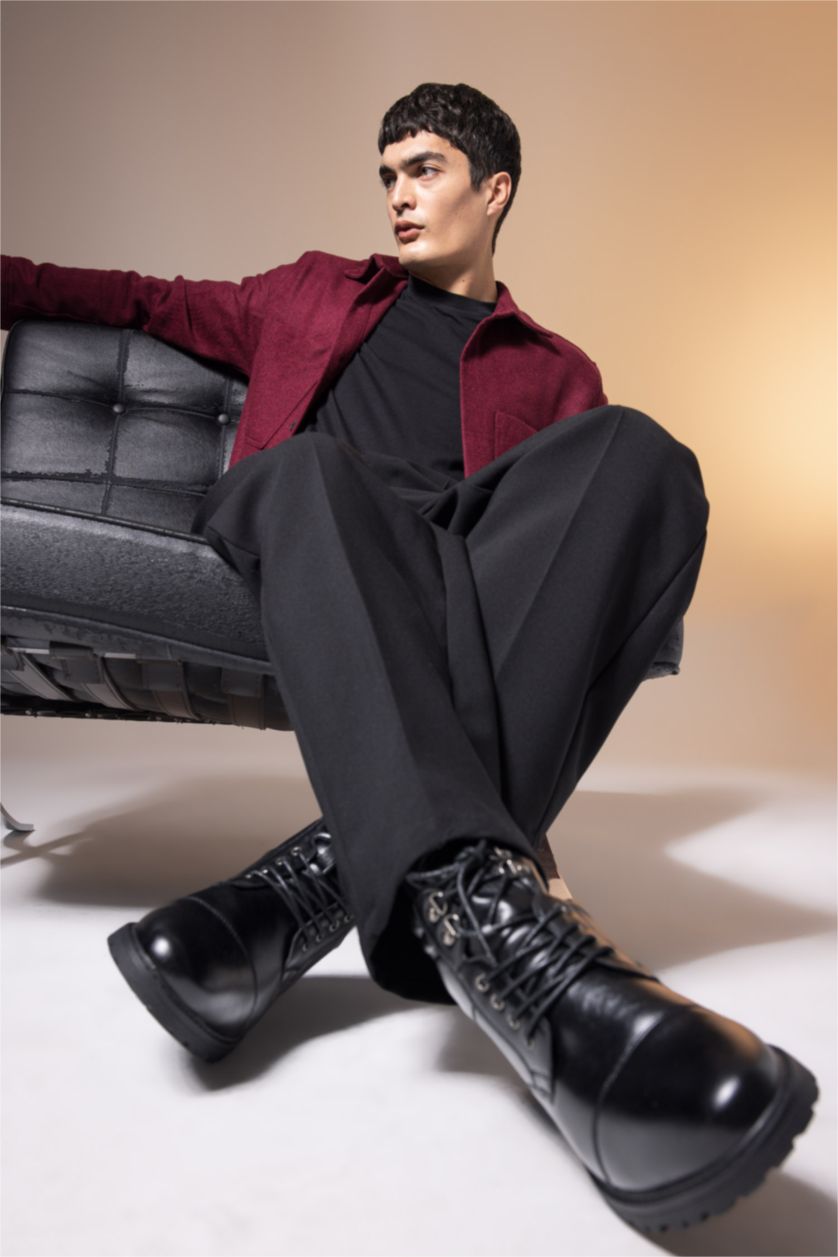 HOMME Noir Bottes Cuir Synthétique à Lacets et Semelle Compensée Pour Homme