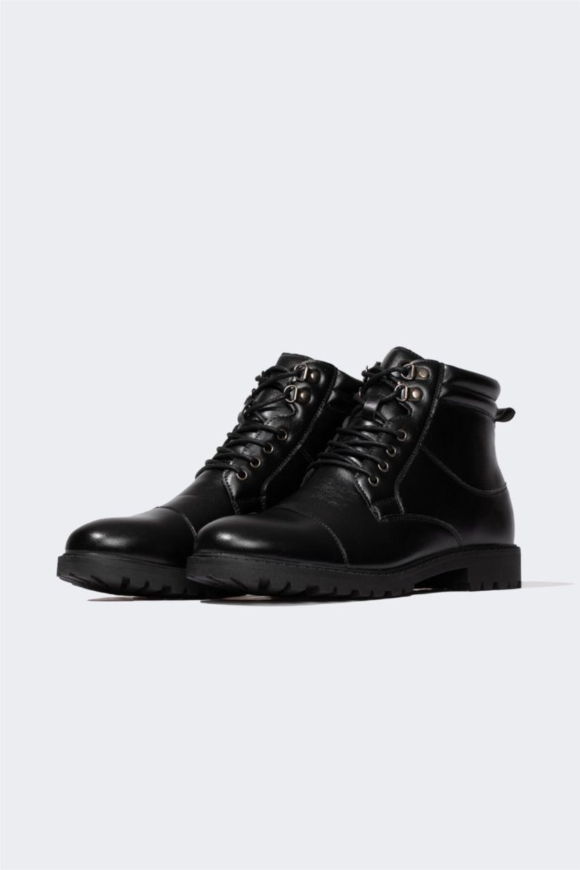 HOMME Noir Bottes Cuir Synthétique à Lacets et Semelle Compensée Pour Homme