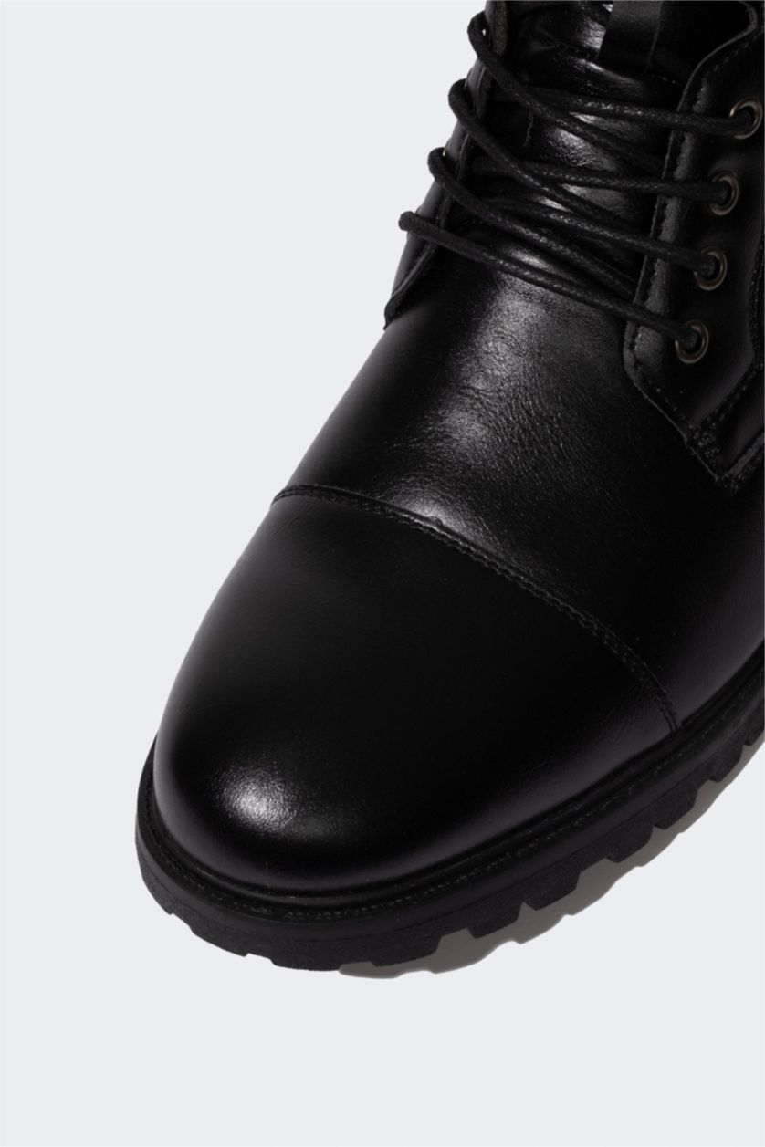 HOMME Noir Bottes Cuir Synthétique à Lacets et Semelle Compensée Pour Homme