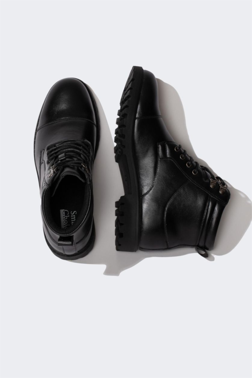 HOMME Noir Bottes Cuir Synthétique à Lacets et Semelle Compensée Pour Homme