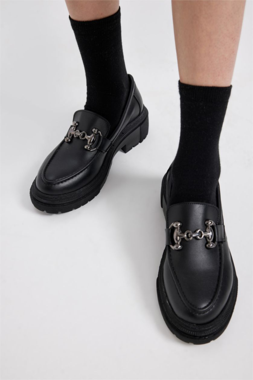 WOMAN Black Women Thick Sole Faux Leather Classic Shoes