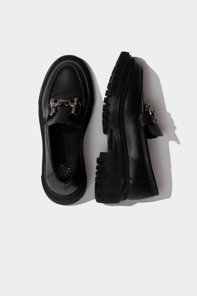 WOMAN Black Women Thick Sole Faux Leather Classic Shoes