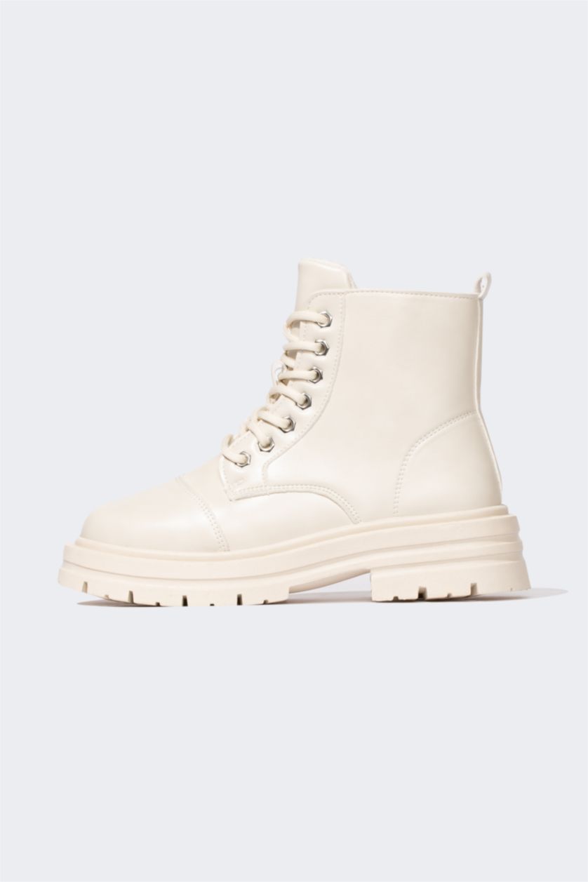 WOMAN Ecru Women Flat Sole Faux Leather Boots