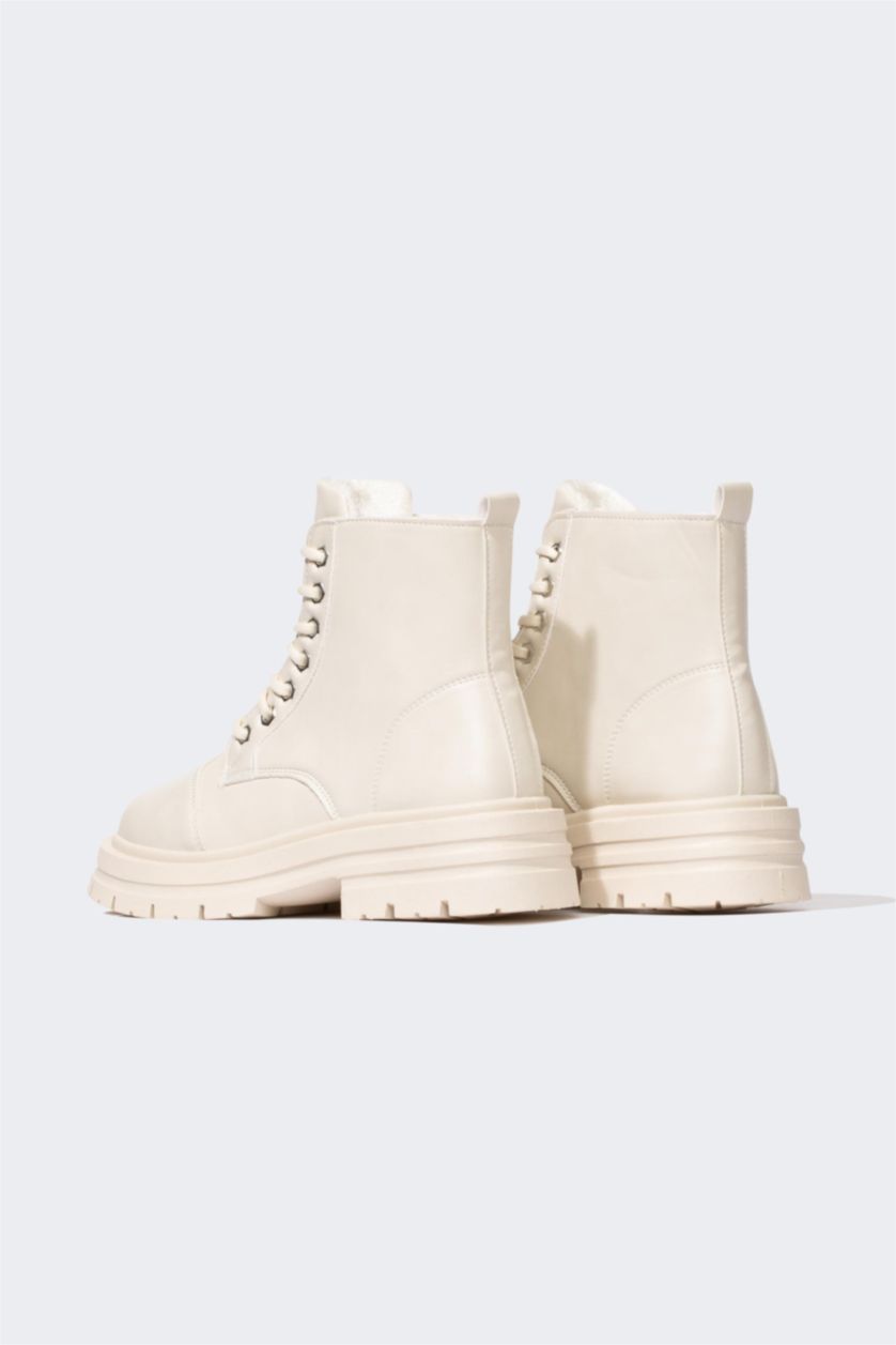 WOMAN Ecru Women Flat Sole Faux Leather Boots