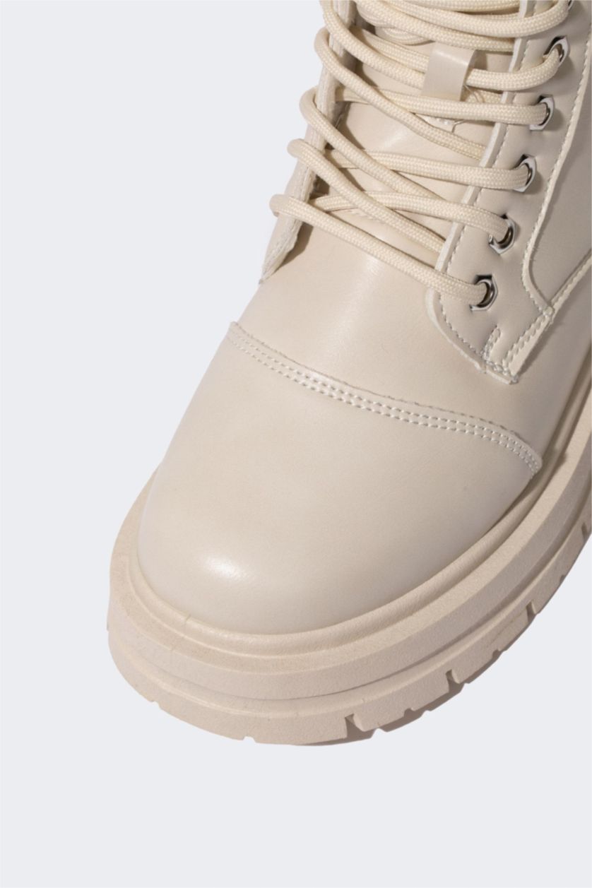 WOMAN Ecru Women Flat Sole Faux Leather Boots