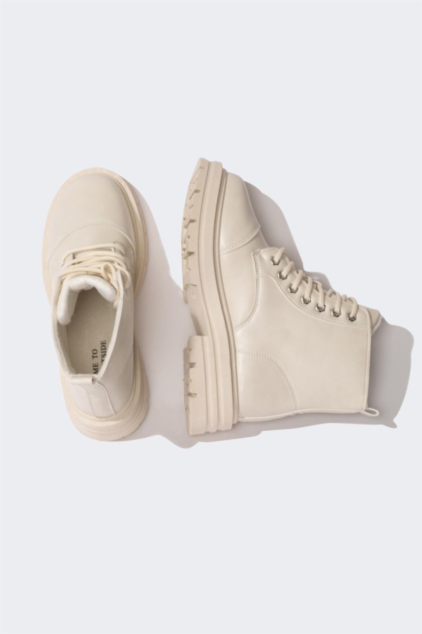 WOMAN Ecru Women Flat Sole Faux Leather Boots