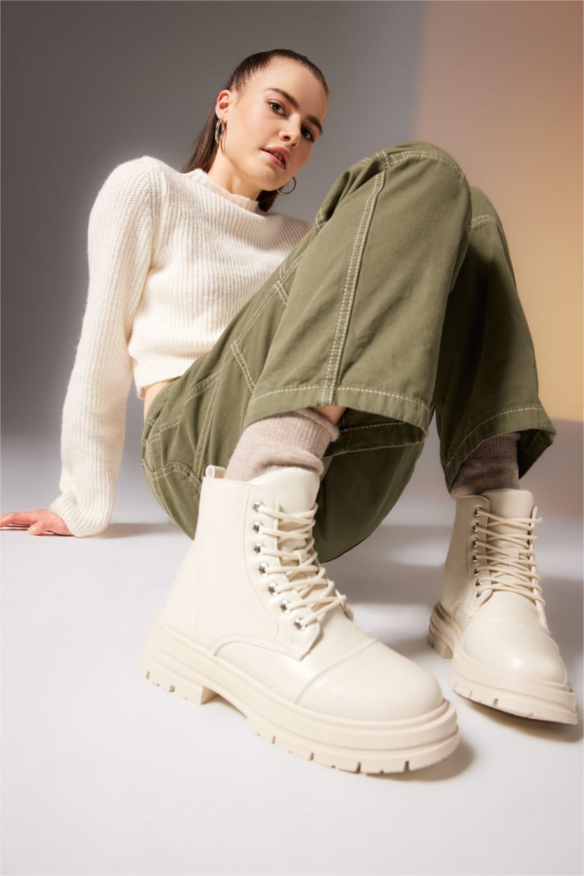 WOMAN Ecru Women Flat Sole Faux Leather Boots