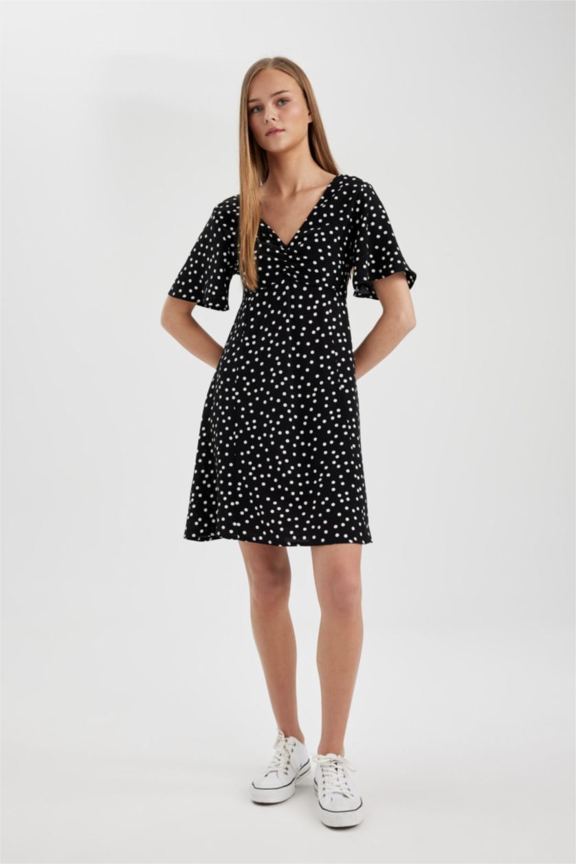 Женщины Черный Платье мини с V-бразным вырезом с принтом