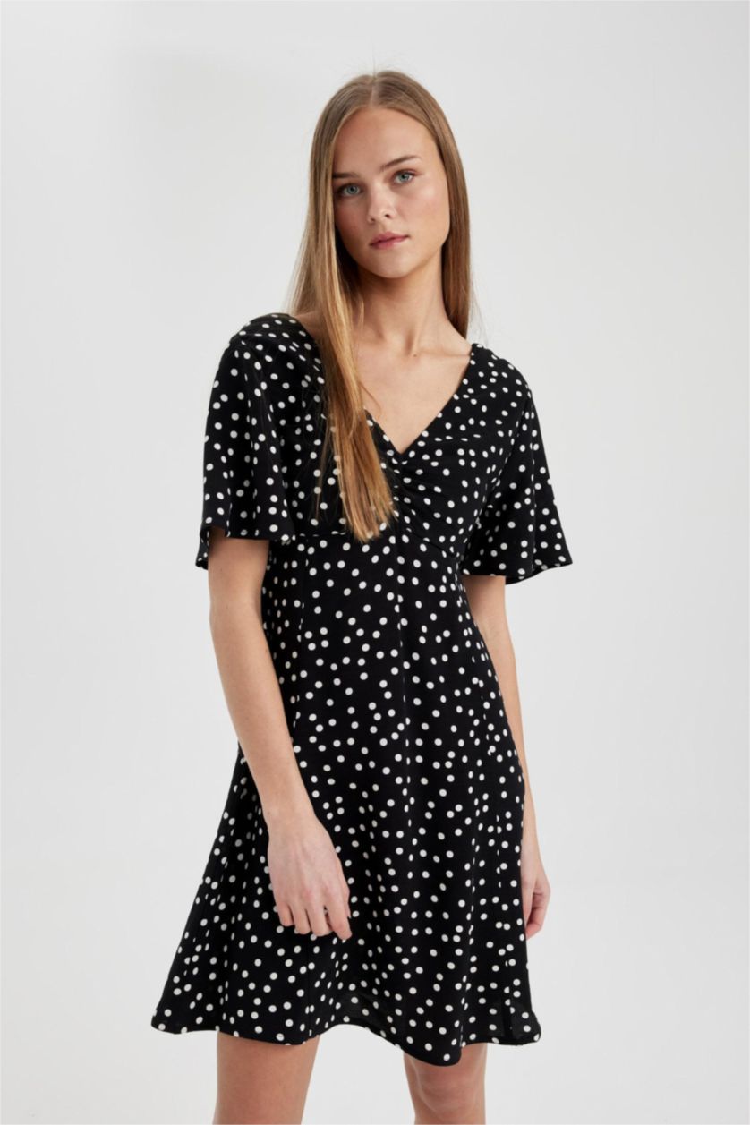 Женщины Черный Платье мини с V-бразным вырезом с принтом