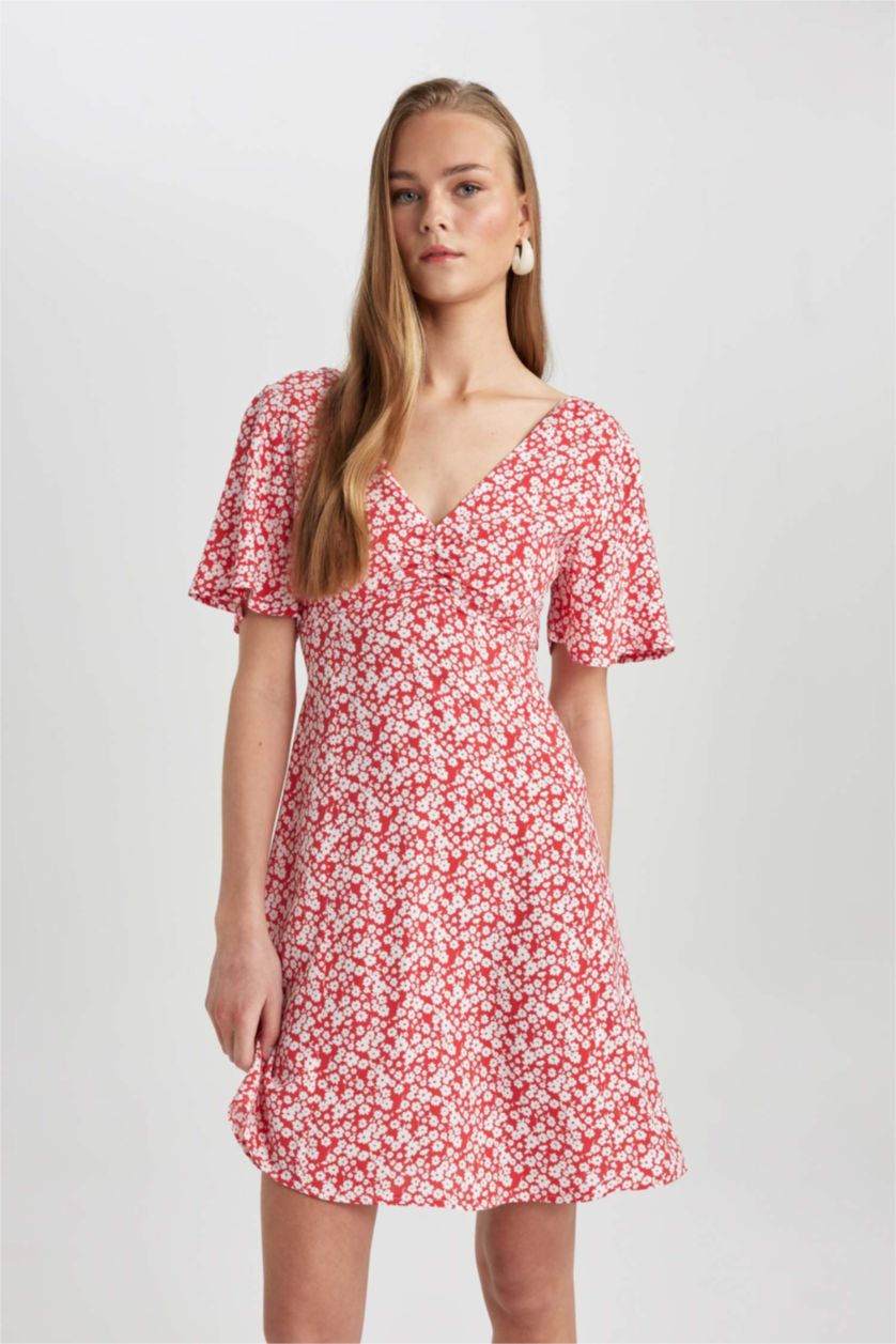 نساء أحمر فستان قصير نص ردن فلورال قماش منسوج بياخة V